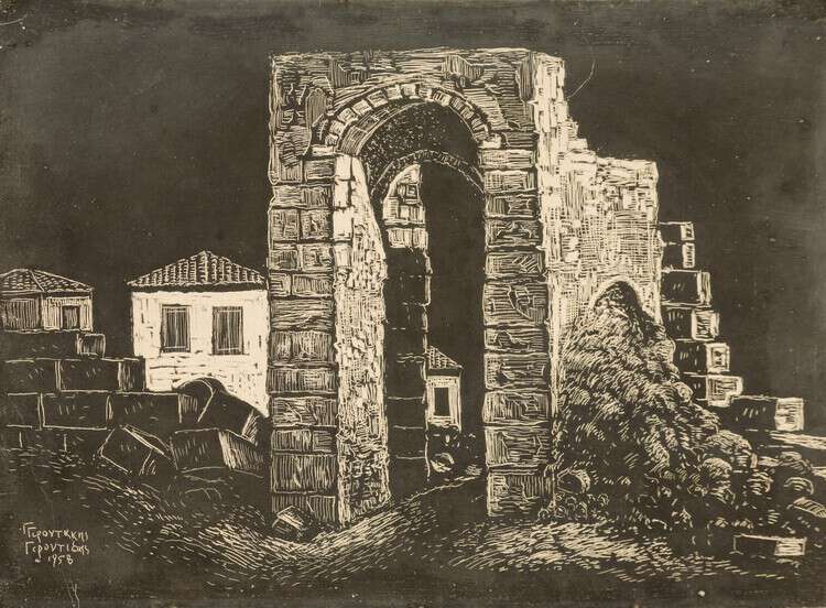 Gerontidis Gerontakis Georgios, “Derelict Byzantine Gate” (1958), Engraving