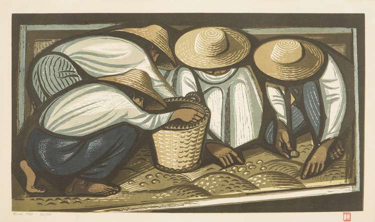 Tassos–Alevizos Anastasios, “Fruit Picking” (1987), Coloured Woodcut